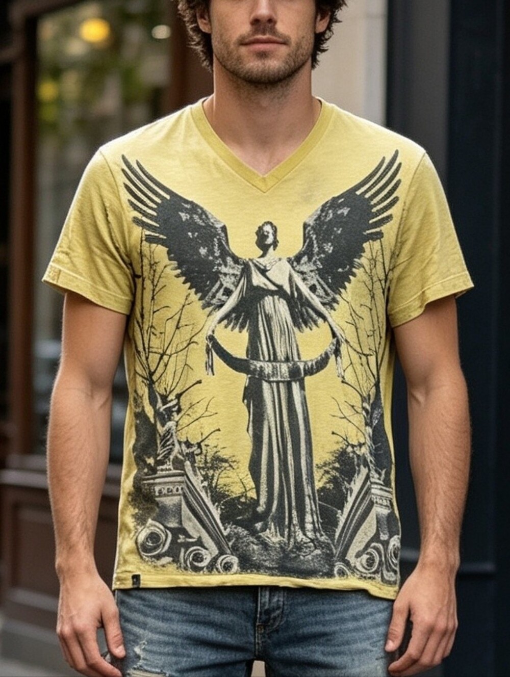 Y2K Marc Ecko Yellow Graphic Angel Wings T-Shirt Size S Men's Cotton V-Neck Tee
